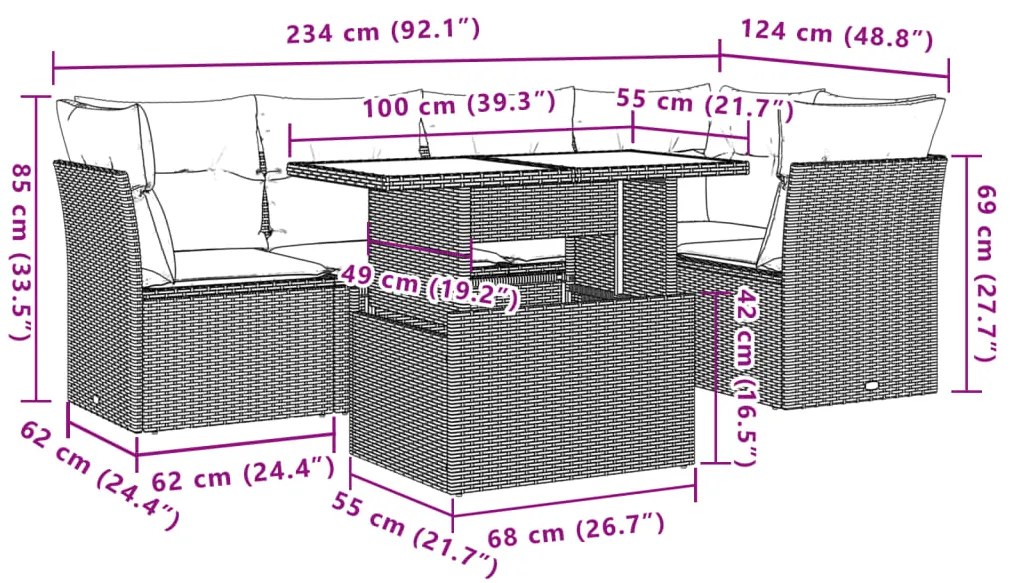 6 pcs conjunto de sofás p/ jardim com almofadões vime PE bege