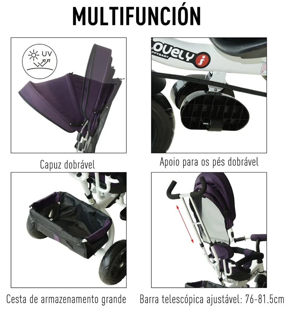 Triciclo para Crianças com Capota– Cor: Roxo e Branco– Ferro, Plástico e Tela– 92 x 51 x 110 cm