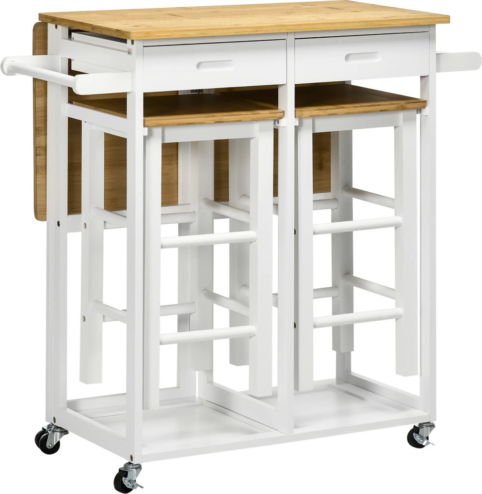 HOMCOM Conjunto de Mesa Alta de Bar e 2 Bancos com Rodas Mesa Dobrável de Cozinha com Bancos 86x75,5x83,5 cm Natural | Aosom Portugal