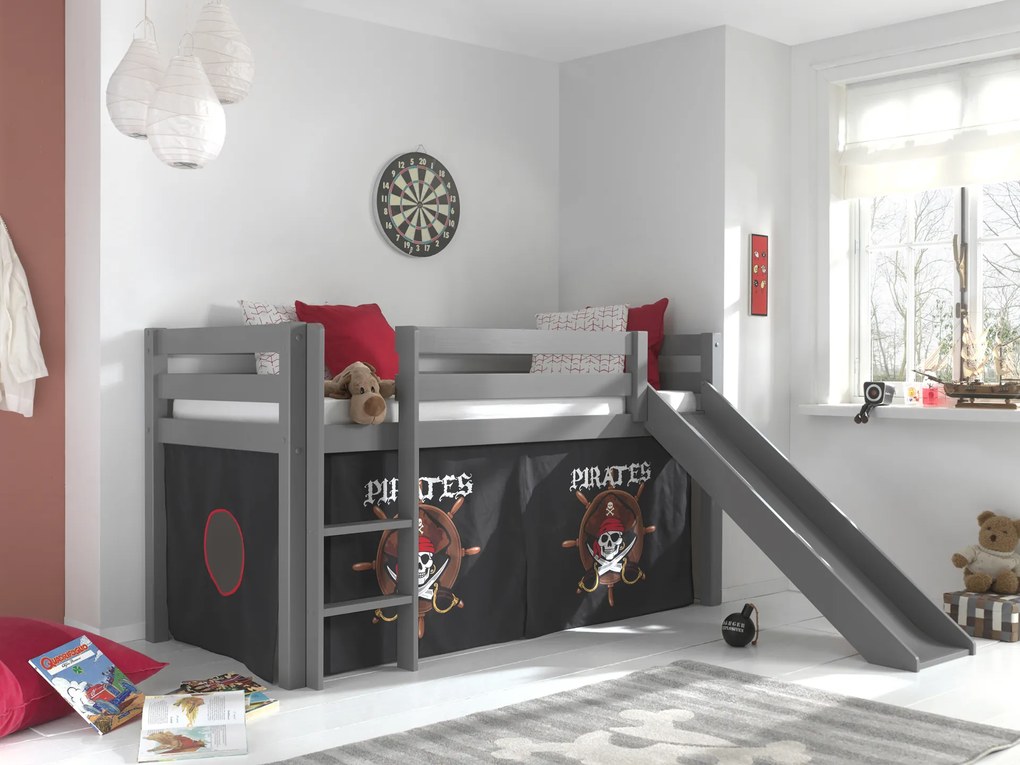 Conjunto Cama alta de Criança PINO 90 x 200 cm + estrado + escada + escorrega + cortina Piratas Cinzenta