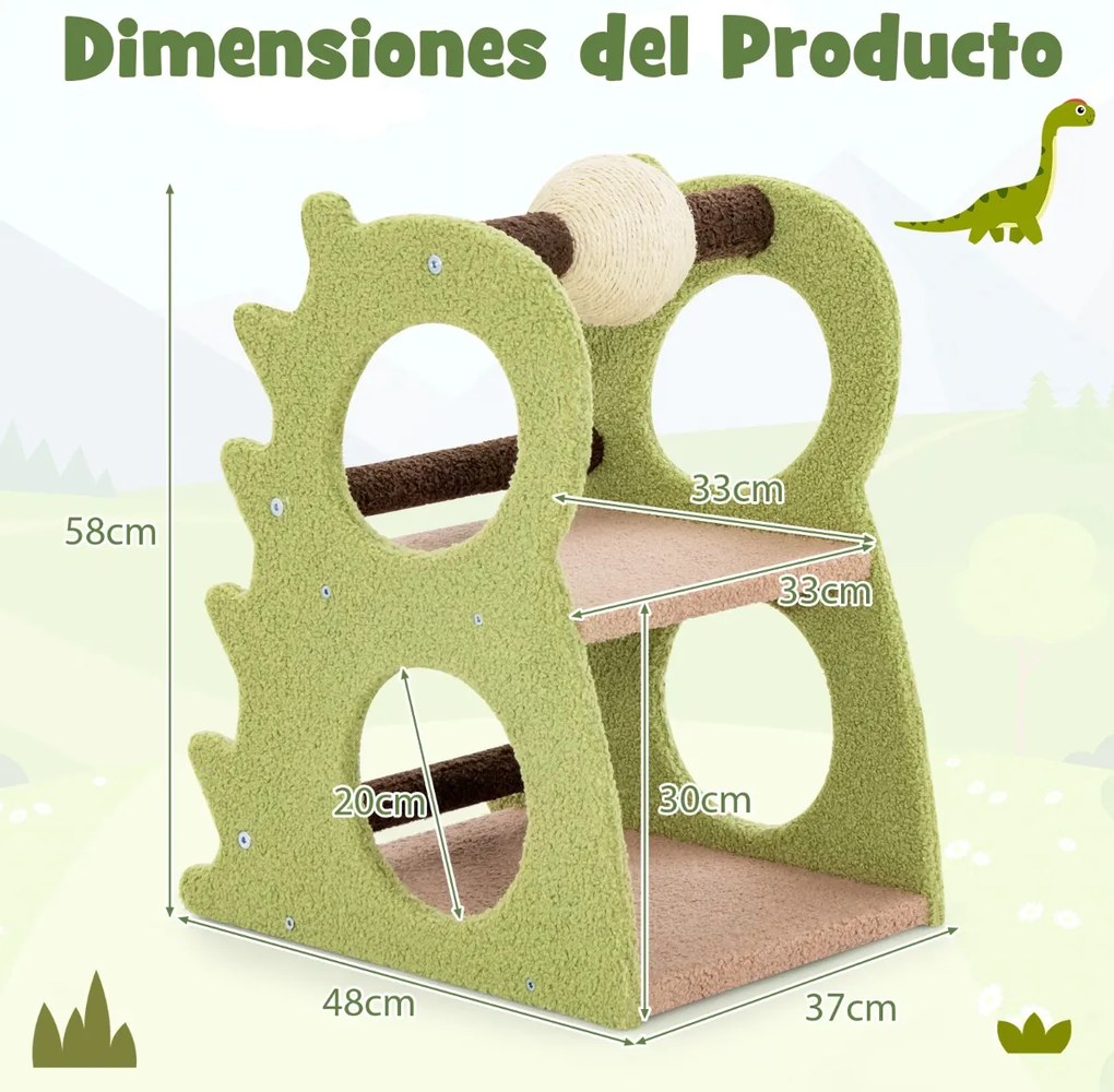 Arranhador moderno para gatos de interior com 2 níveis, bola giratória para arranhar, tecido felpudo e suporte para trepar verde e bege