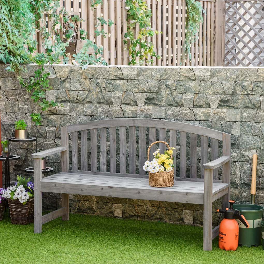 Outsunny Banco de Jardim de 3 Lugares Banco de Ripas de Madeira com Encosto Apoio para os Braços Terraço Varanda Exterior Carga 320kg 140x50x85cm Cinza