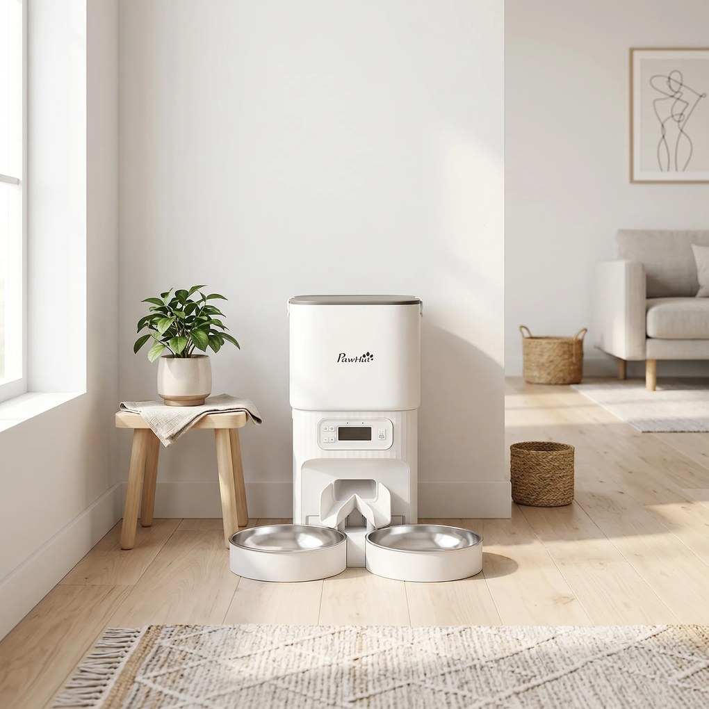 Dispensador automático de ração para gatos com temporizador, porcionamento e 2 tigelas de aço inox