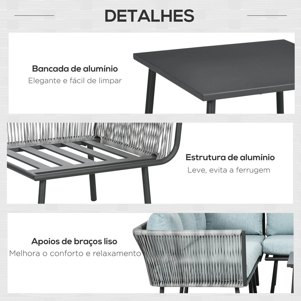 Conjunto de Móveis de Vime 4 Peças Conjunto de Móveis de Jardim 2 Sofás de 2 Lugares Sofá de Canto Mesa de Centro com 6 Almofadas e Estrutura de Alumí