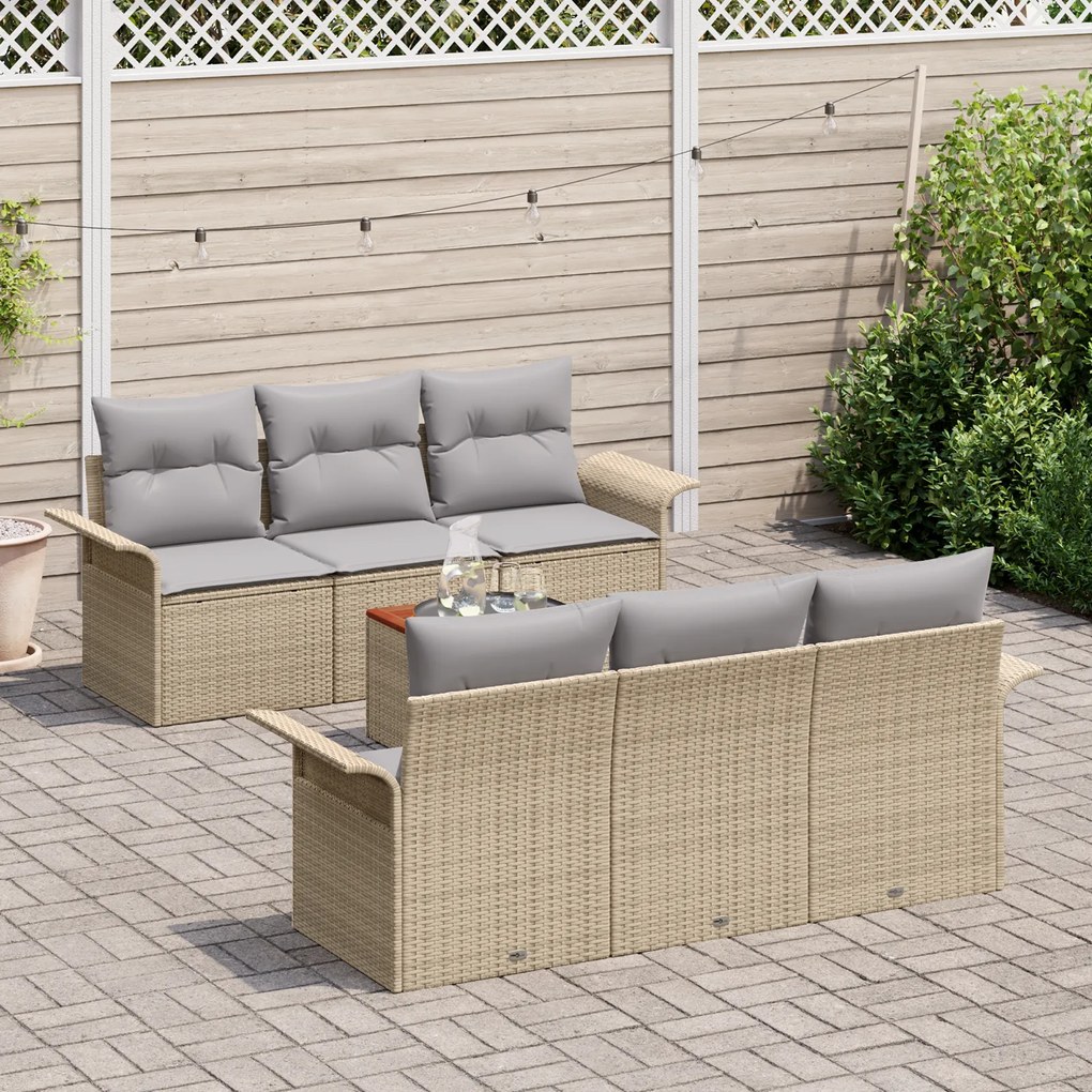 Conjunto de Sofá de Jardim vidaXL 7 Peças com Almofadas Bege Rattan Si
