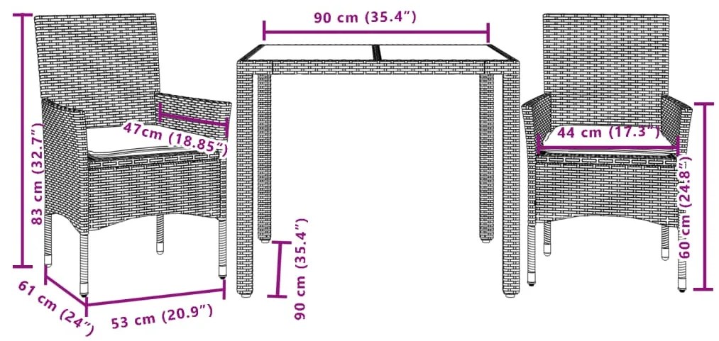 3 pcs conjunto jantar jardim com almofadões vime PE/vidro bege