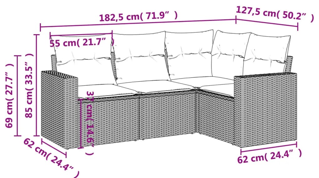 4 pcs conjunto de sofás para jardim c/ almofadões vime PE bege