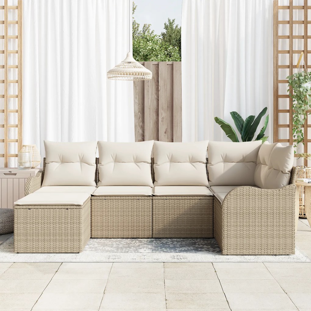 Conjunto de Sofá de Jardim vidaXL 6 Peças com Almofadas Bege de Rattan