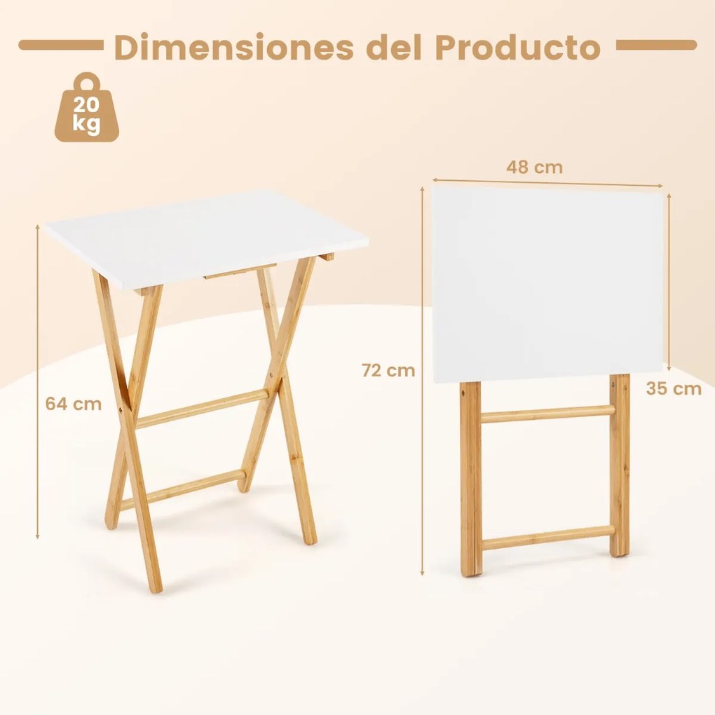 Conjunto de 2 mesas apoio dobráveis de bambu 48 x 35 x 64 cm, refeições e sofá; portátil; ideal para espaços pequenos quarto e sala de estar branco
