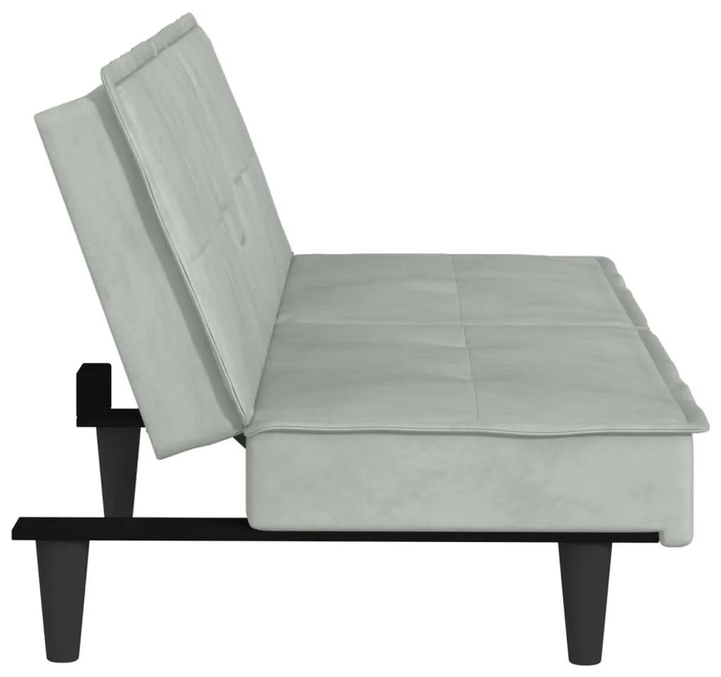 Sofá-cama com suportes para copos veludo cinzento-claro