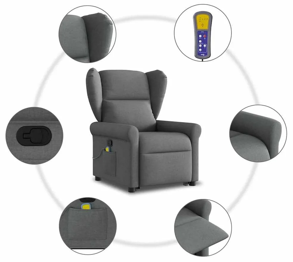 Poltrona elevatória de massagens tecido cinzento-escuro