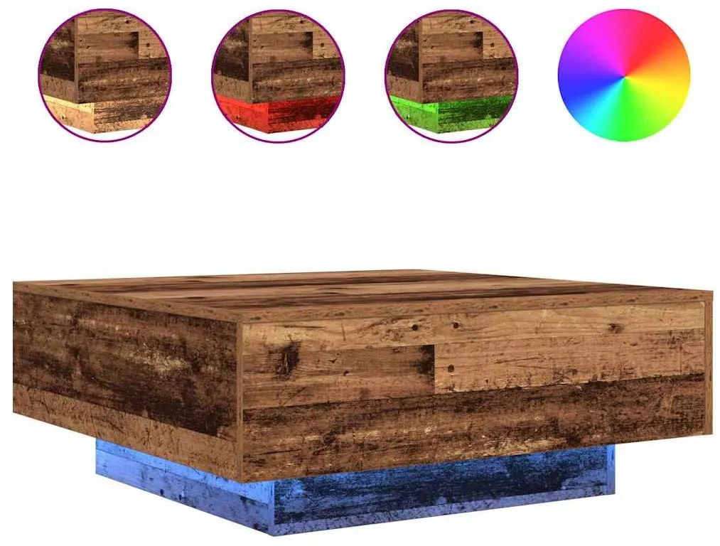 Mesa de Centro vidaXL com Luzes LED Madeira Antiga 80x80x31 cm