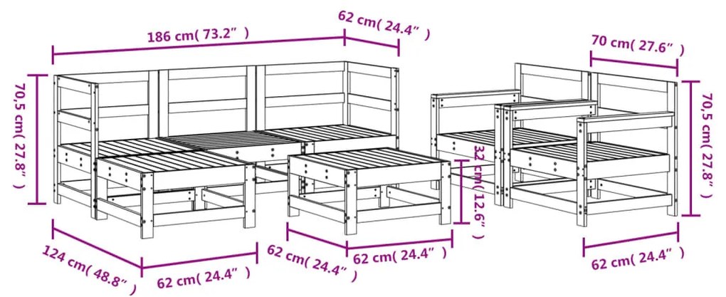 7 pcs conjunto lounge de jardim pinho maciço