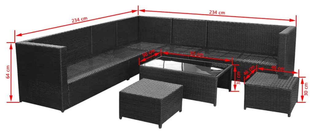 8 pcs conjunto lounge de jardim c/ almofadões vime PE preto