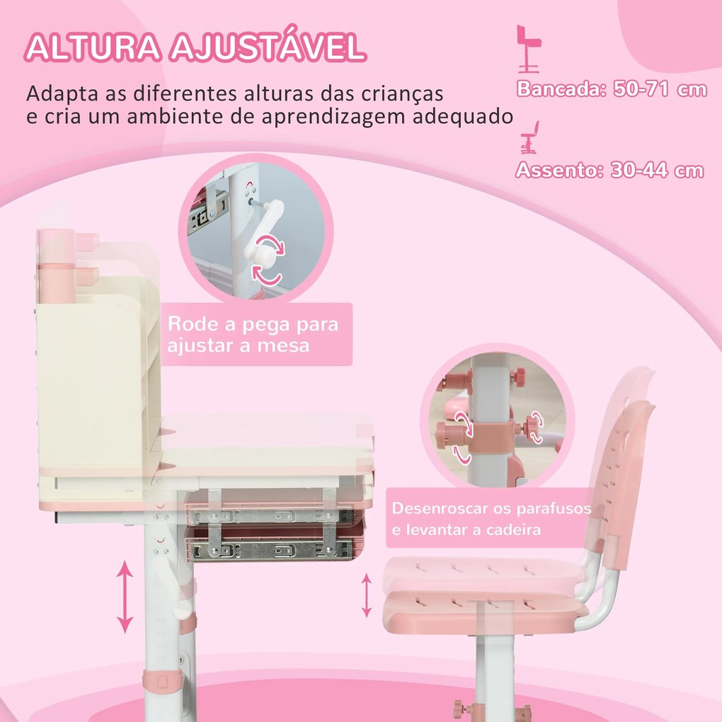 Conjunto de Secretária e Cadeira para Crianças acima de 3 Anos com Altura Ajustável Secretária Infantil com Bancada Inclinável Gaveta e Prateleira par