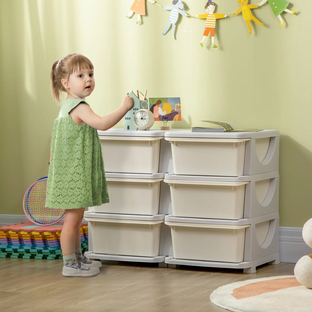 Organizador de Brinquedos com 6 Gavetas para Crianças com Bordas Arredondadas e Pegas 75x37x56,5 cm Creme e Cinza