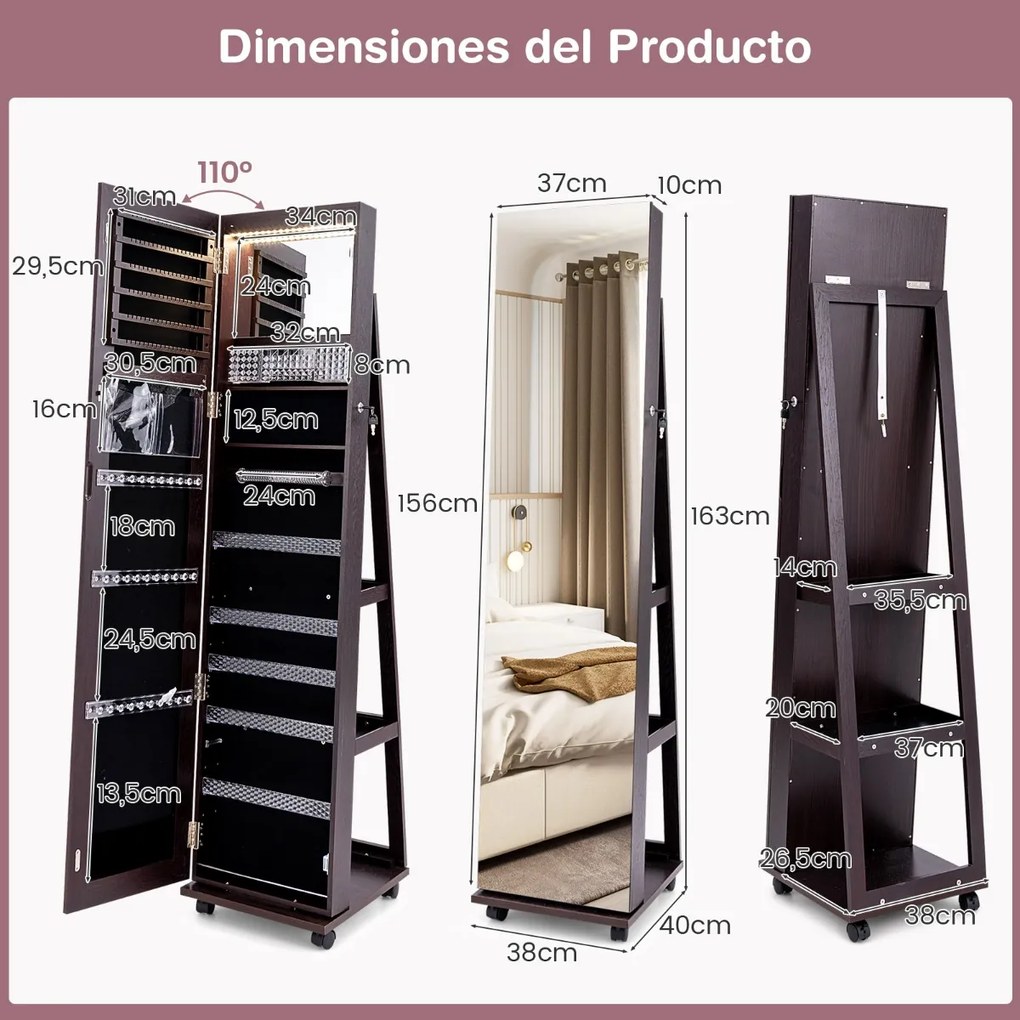 Armário para joias com fechadura 40 x 38 x 164 cm com Espelho de maquilhagem LED com 3 cores Prateleiras ajustáveis e rodas universais Castanho Escuro