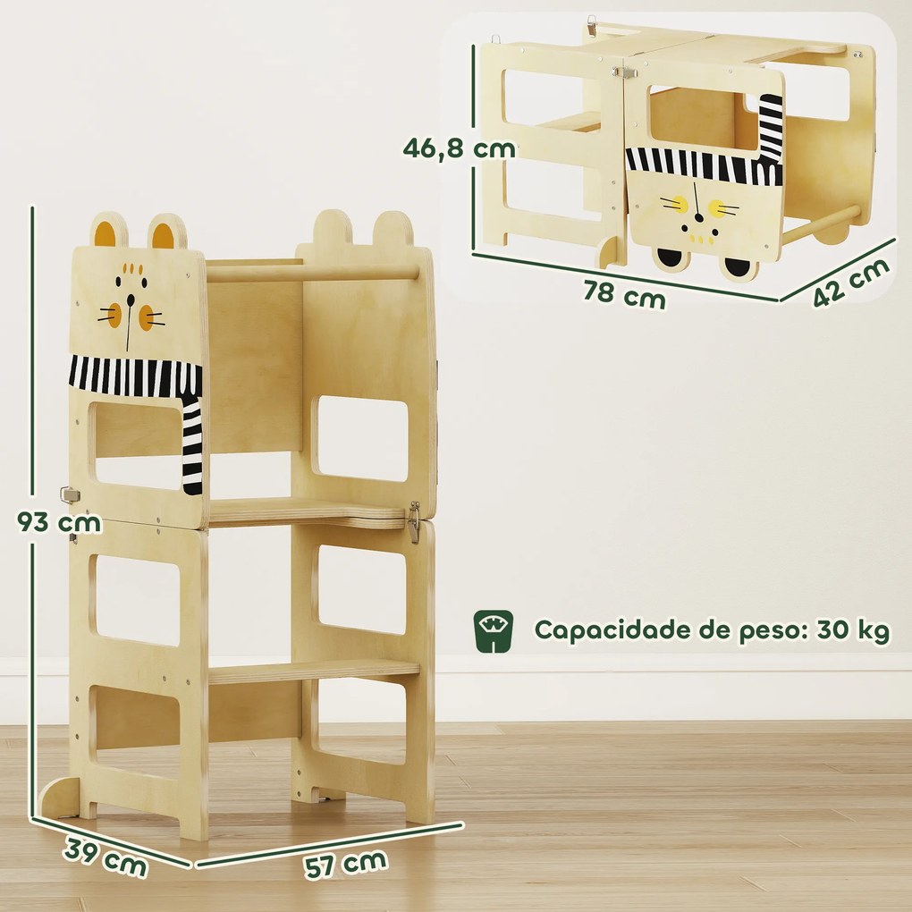 Torre de Aprendizagem 3 em 1 Dobrável Conversível em Secretária e Cadeira com Quadro Estampado de Gatos Madeira