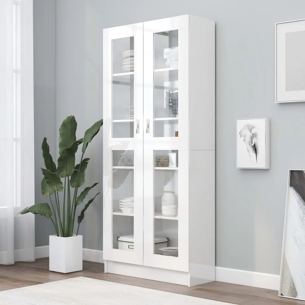 802774 vidaXL Armário vitrine 82,5x30,5x185,5cm contraplacado branco brilh.