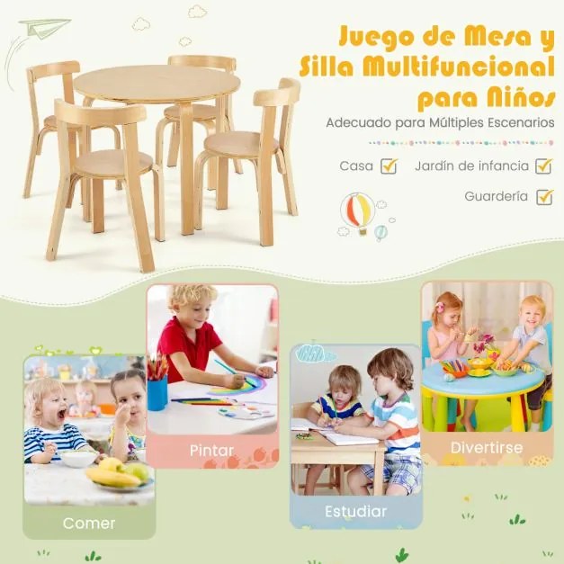 Conjunto de mesa e cadeira para crianças de 5 peças Mesa de actividades para crianças com 4 cadeiras Mobiliário infantil para o lar natural