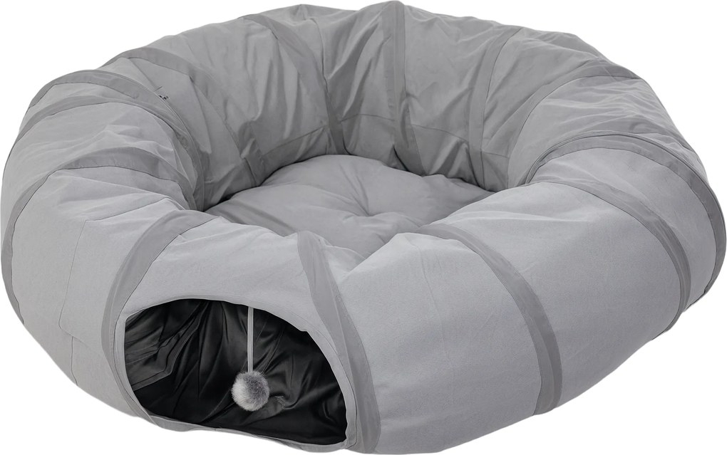 Túnel redondo para gatos de interior com cama e almofada, dobrável, com orifícios para bolas e mirilhão, Ø 90 x 27 cm, cinzento