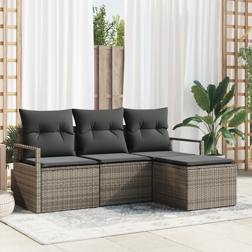Conjunto de Sofá de Jardim vidaXL de 4 Peças com Almofadas Cinzento Po
