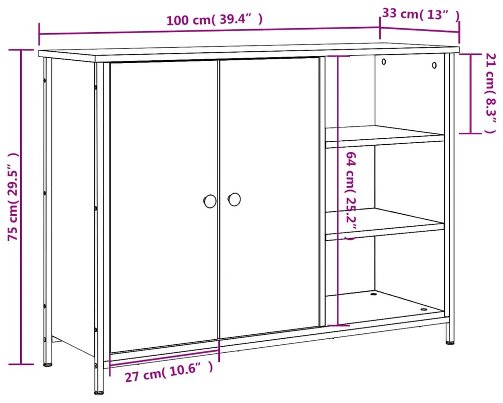 Aparador Tulle - Cor Castanho - Com 2 Portas, 3 Prateleiras Externas e