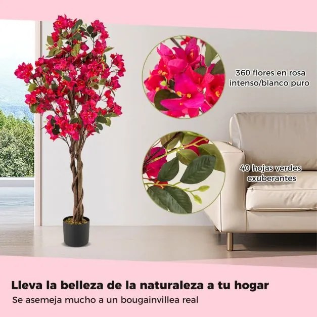 Conjunto 2 Árvores de buganvílias artificiais 120 cm Planta de jardim falsa decorativa em vaso com flores vermelho