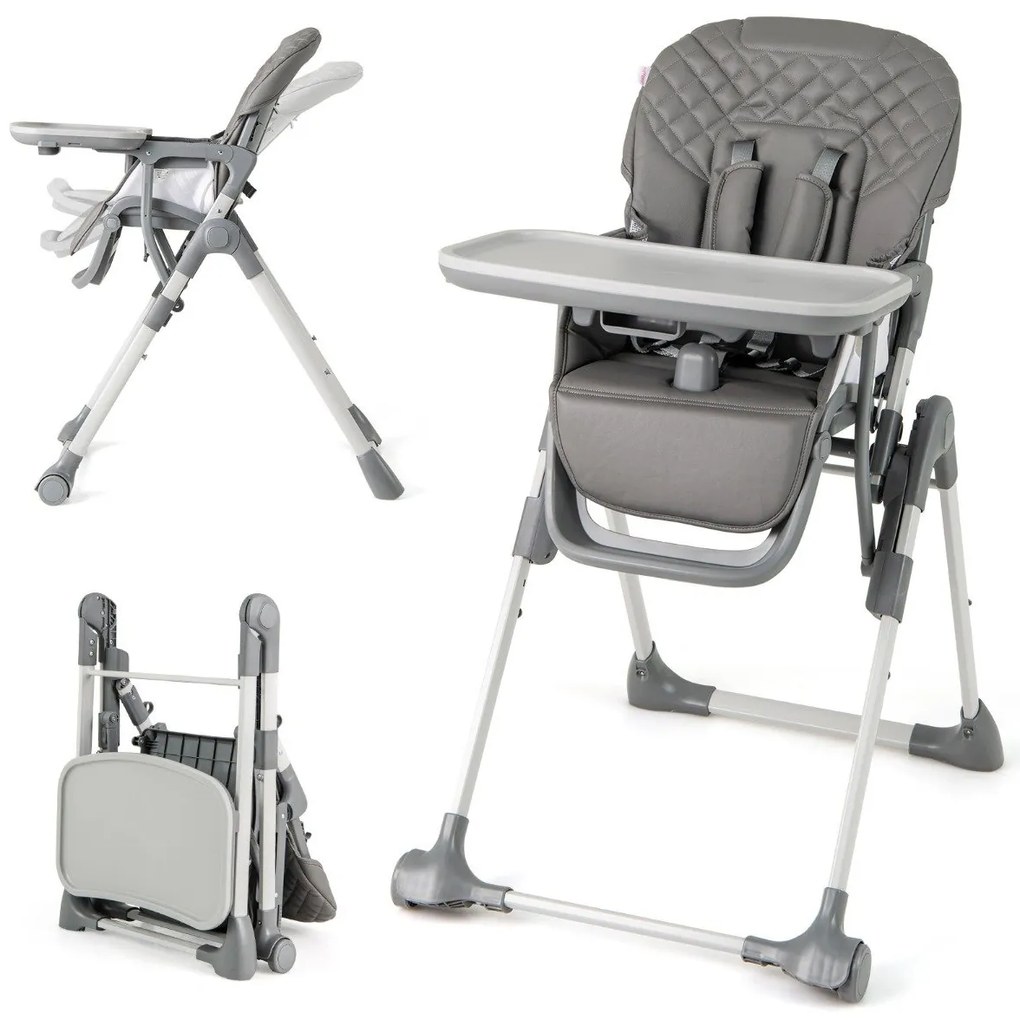 Cadeira refeição alta dobrável para bebés, cadeira infantil com função reclinável e altura ajustável, cinzenta