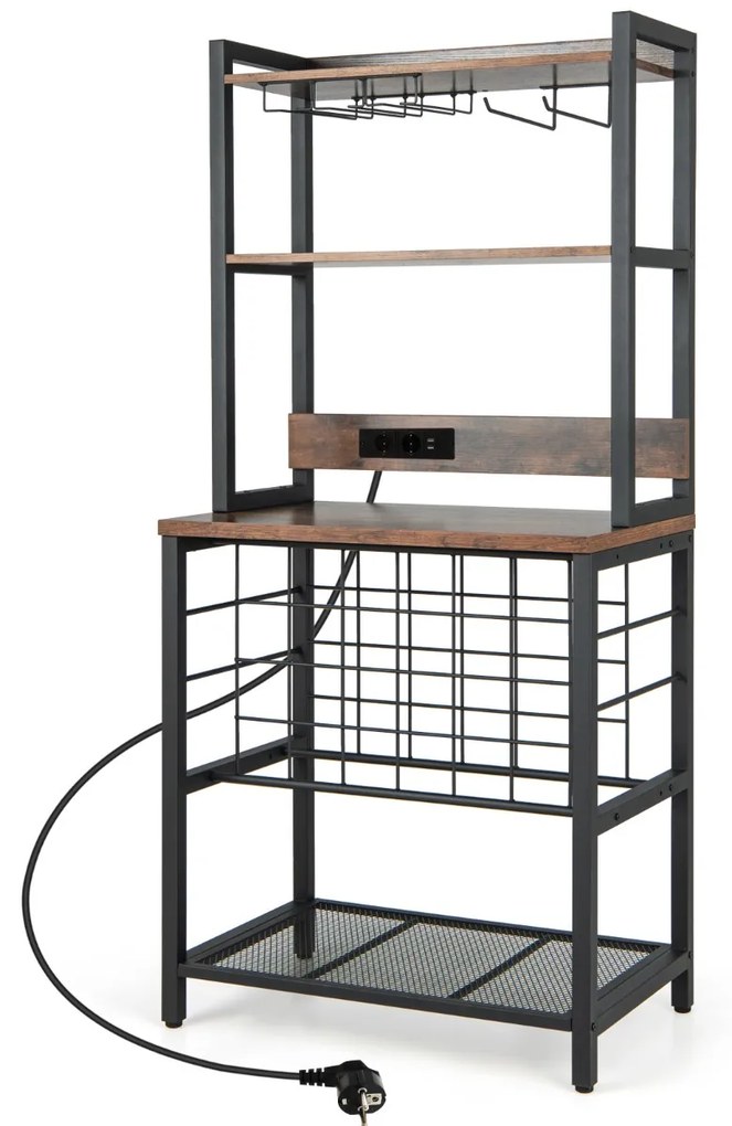 Garrafeira industrial com 4 Estantes para 24 Garrafas Bar doméstico com 2 tomadas e 2 portas USB 76 x 48 x 162,5 cm Castanho