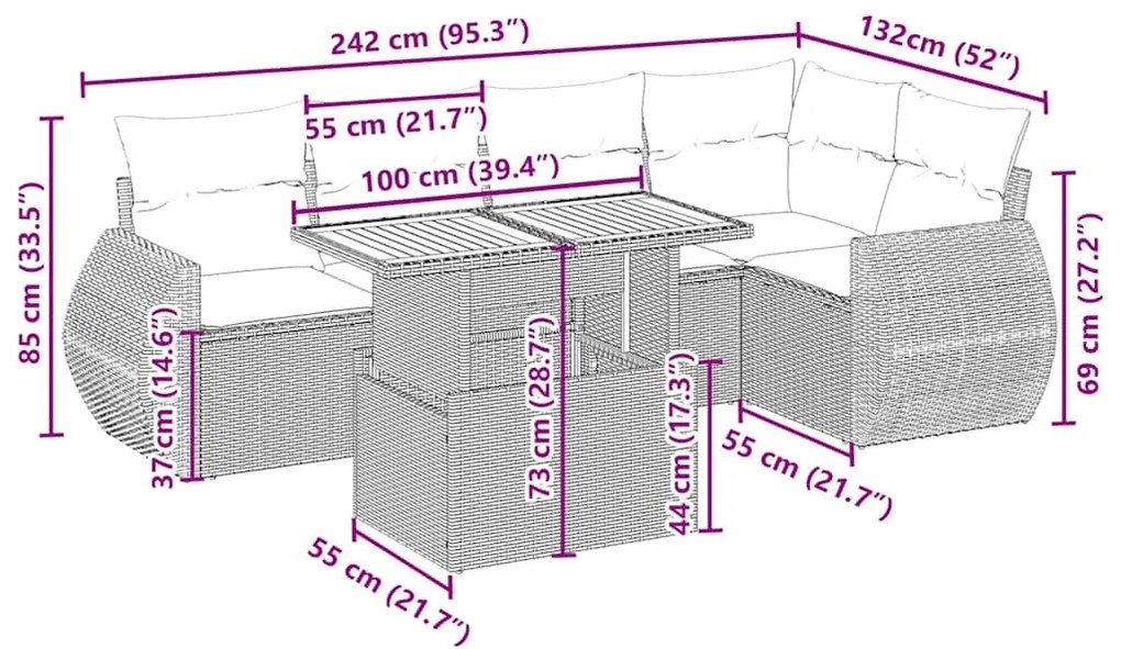 6 pcs conjunto de sofás p/ jardim com almofadões vime PE bege