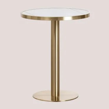 Mesa De Bar Redonda Ø60 Cm Em Grés Manhattan Branco & Ouro Champagne - Sklum
