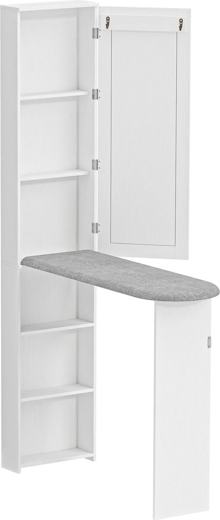 HOMCOM Móvel de Engomar com Espelho Tábua de Engomar Dobrável 6 Compartimentos 2 Ganchos 107x35x174 cm Branco | Aosom Portugal