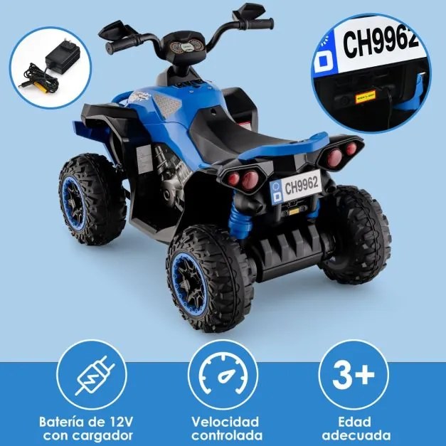 Moto 4 para crianças a bateria 12V com velocidade regulável Luzes LED Música Pedal 3-8 anos 94 x 60 x 73 cm Azul