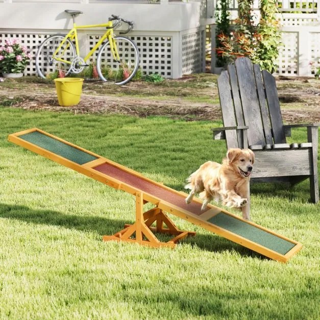 Baloiço de agilidade para cães 179 x 30 x 55 cm, com rampa antiderrapante para animais de estimação, para uso interno e externo, amarelo