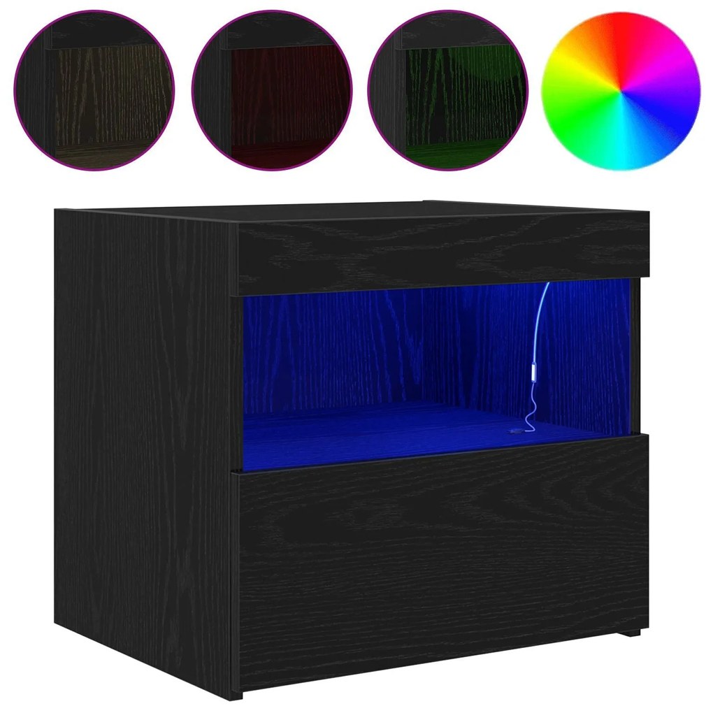 Criados-mudos vidaXL com luzes LED 2 pcs Carvalho Preto 50x40x45 cm