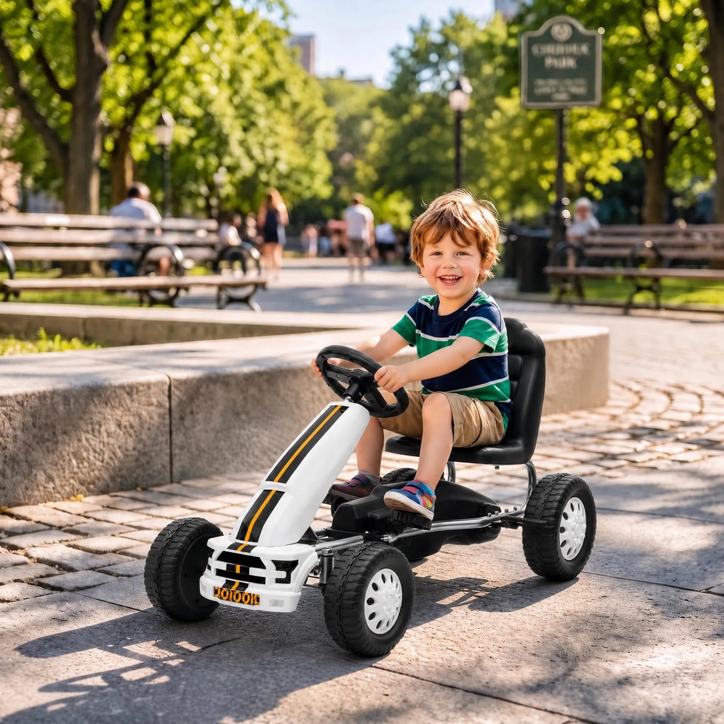 Kart a Pedais para Crianças +3 Anos com Assento Ajustável, Volante, Travão de Mão, Estrutura em Alumínio e Aço, 30 kg, Branco