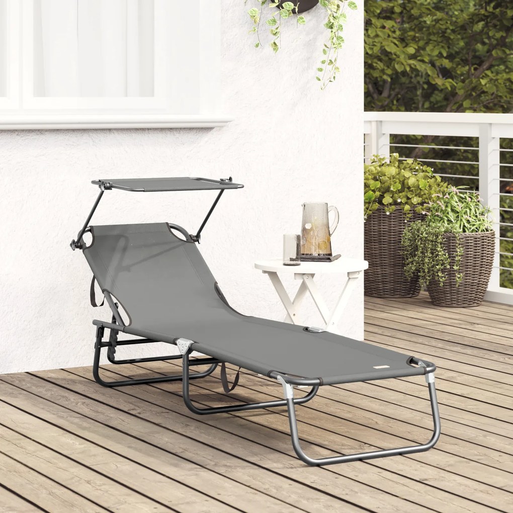 Espreguiçadeira Dobrável com Toldo Cinza 600D Oxford