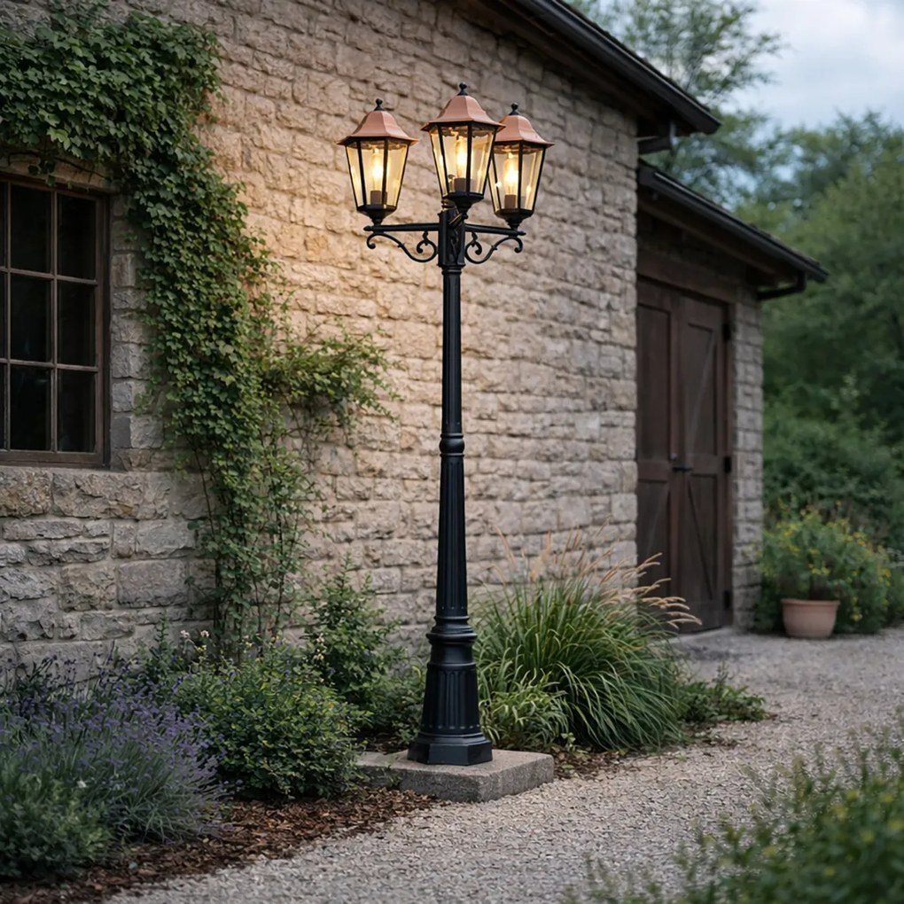 Lanterna de exterior clássica preta com cobre 220cm 3 luzes IP44 - Havana