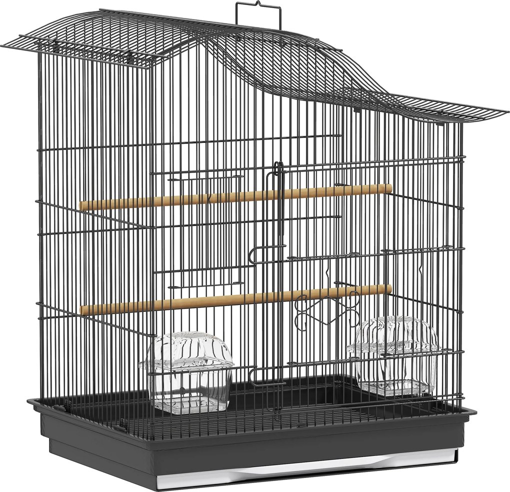 PawHut Gaiola para Pássaros com 4 Portas, 2 Comedouros, 2 Poleiros e Bandeja, em Metal e Plástico, 47.5x36x54.5 cm, Preto | Aosom Portugal