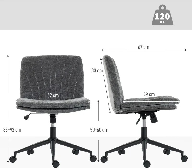 Cadeira de Escritório com Assento Largo sem Apoios de Braço Rodas Altura Ajustável Giratória Função Basculante 62x67x83-93 cm Cinza