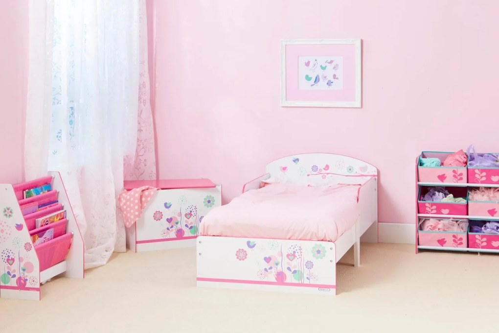 Cama infantil, desenhos Pássaros de madeira + Colchão e almofada 140 x 70 cm ROSA