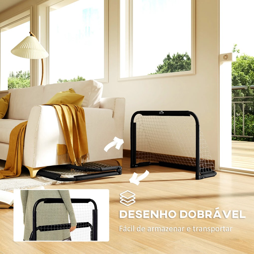 Conjunto de 2 Balizas de Futebol Dobráveis Portáteis com Suporte de Metal e Rede para Treino de Futebol 90x36x60 cm Preto