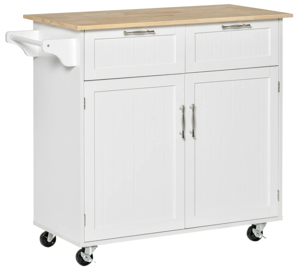 HOMCOM Carrinho de Cozinha com Rodas Móvel Auxiliar de Cozinha com 2 Gavetas 2 Portas Prateleira Ajustável 104x46x91 cm Branco | Aosom Portugal