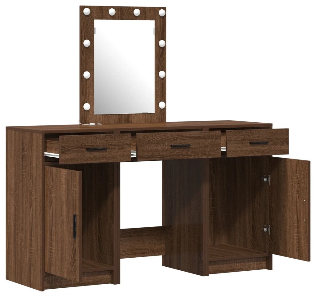 Conjunto de Mesa de Maquilhagem de 3 Peças com LED em Carvalho Preto