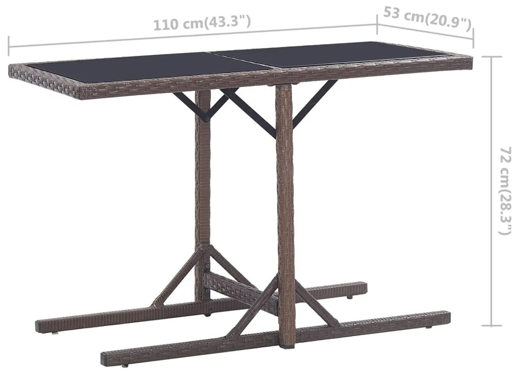 Mesa de jardim 110x53x72 cm vidro e vime PE castanho