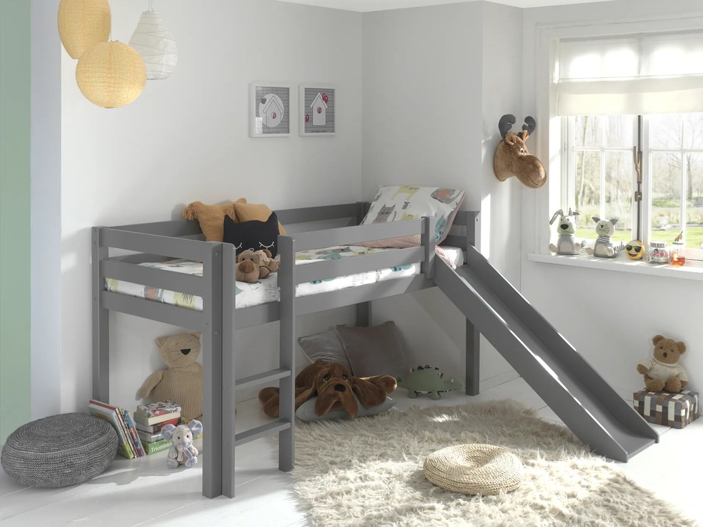 Cama alta de Criança PINO 90 x 200 cm + estrado + escada + escorrega Cinzenta