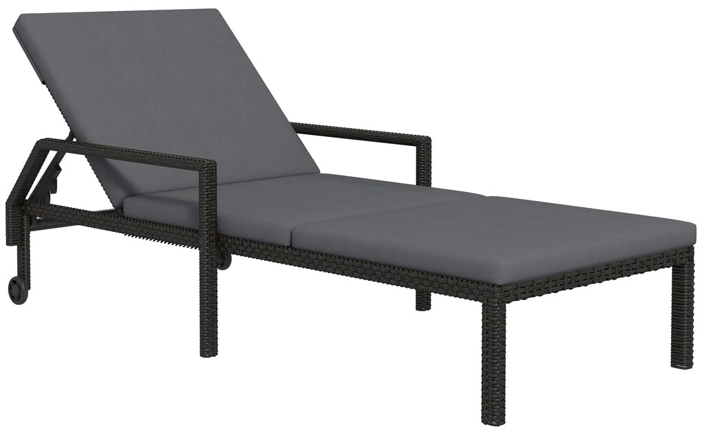 Outsunny Espreguiçadeira de Vime com Encosto Ajustável em 5 Posições Acolchoado e 2 Rodas 73x200x48 cm Cinza Escuro e Preto