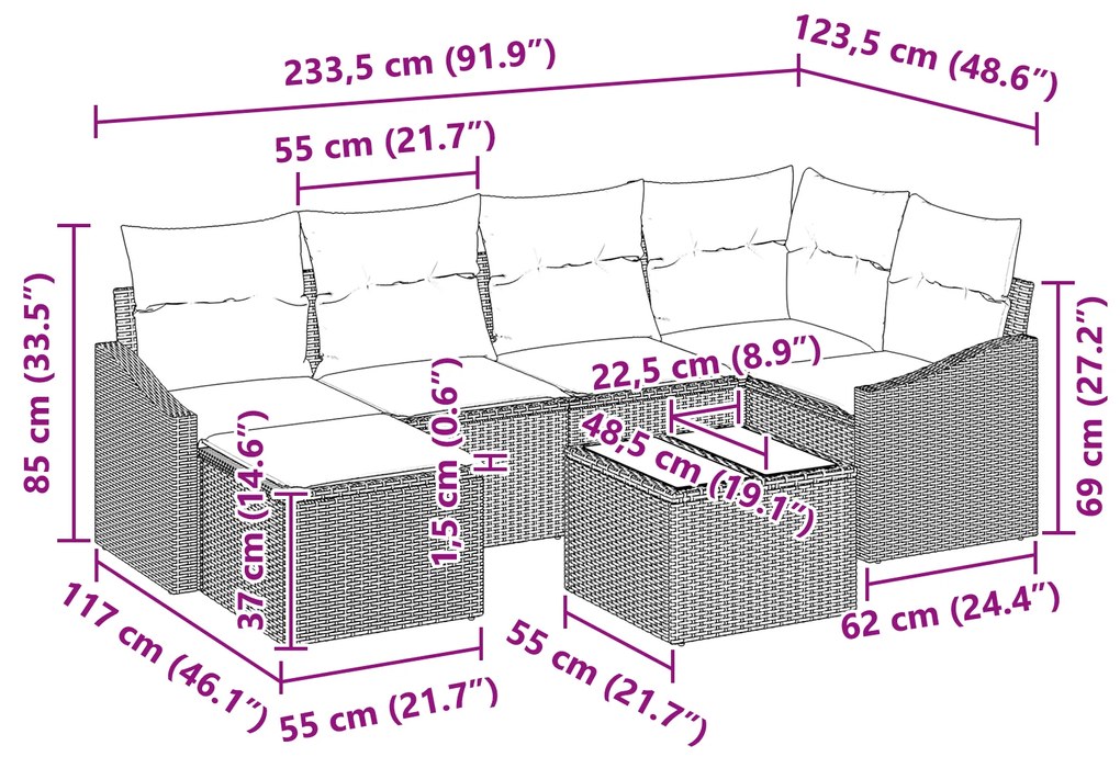 Conjunto de Sofá de Jardim de 7 Peças com Almofadas Bege Rattan Poliés