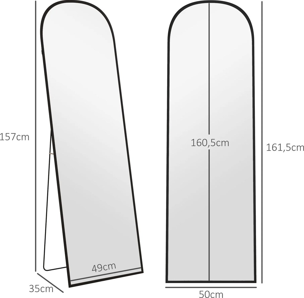 Espelho de pé retangular arredondado com moldura em alumínio e suporte, ideal para a entrada, quarto ou closet, 50 x 161,5 cm, preto